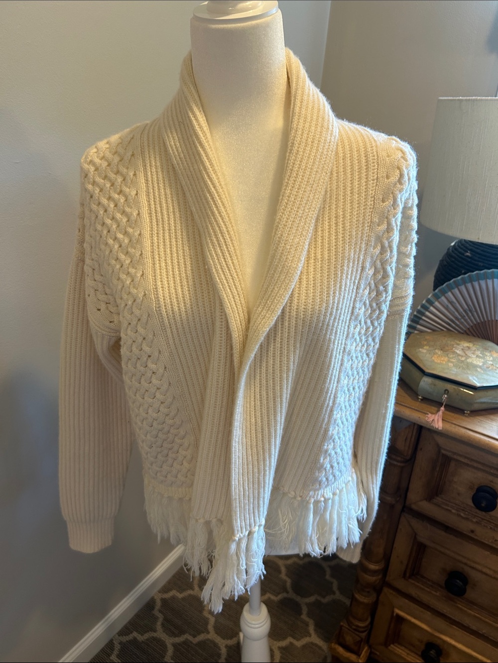 INTERMIX Cream Shawl-Collar Fringe Knit Cardigan